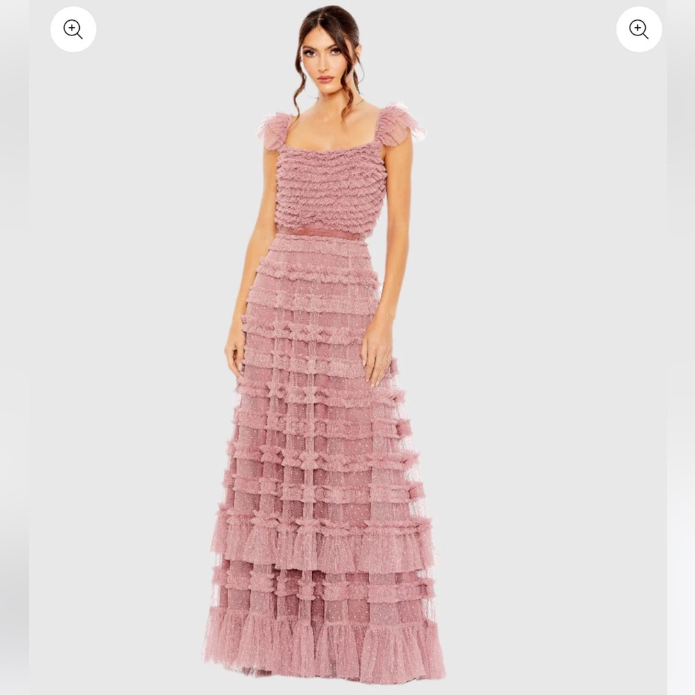 MAC DUGGAL Ruffle Cap Sleeve Embellished Tiered Gown